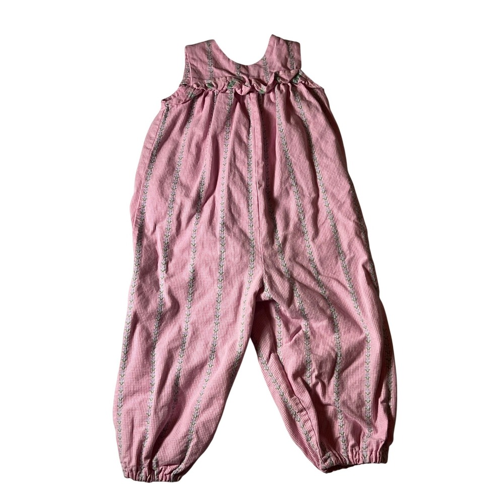 Vintage Girls Pink Gingham Floral Jumper Romper Size 6 Ruffle One Piece Jumpsuit